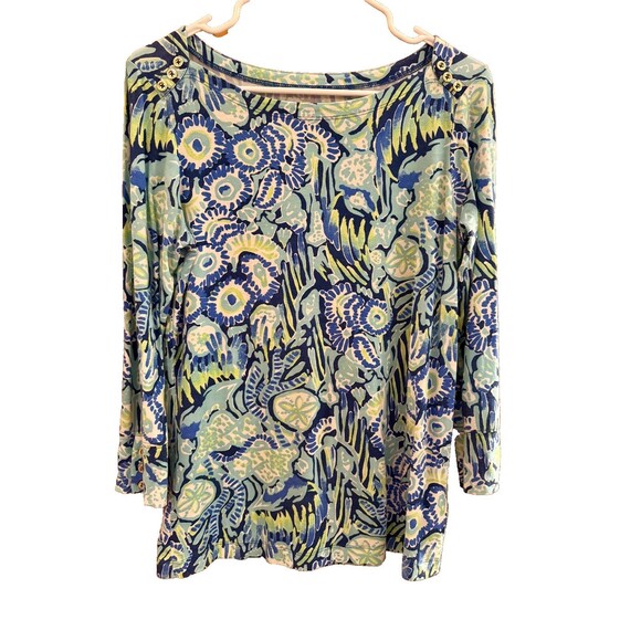 Lilly Pulitzer Top Sz M Dark Blue Green Tropical Indigo Sunset Soft Cotton - Picture 2 of 8